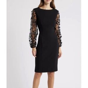 Connected Apparel Size 14 Black Floral 3D Appliqué Mesh Long Sleeve Sheath Dress